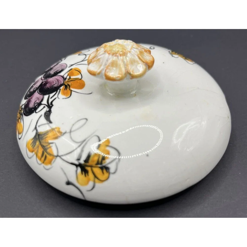 Vtg Italian Apple Shaped Covered Bowl & Saucer Hand Painted Mid-Century